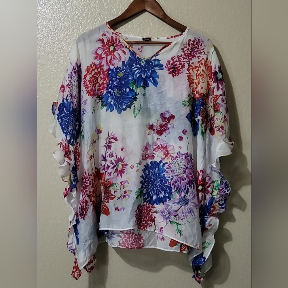 Shana Top Womens Sz S Sheer Floral Blouse Shirt Ruffle Short Sleeve Pullover
